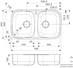 Reginox Princess 80 double évier en acier inoxydable sous plan, à fleur de plan ou en surface 76.5x44cm B1936LLU08GDS